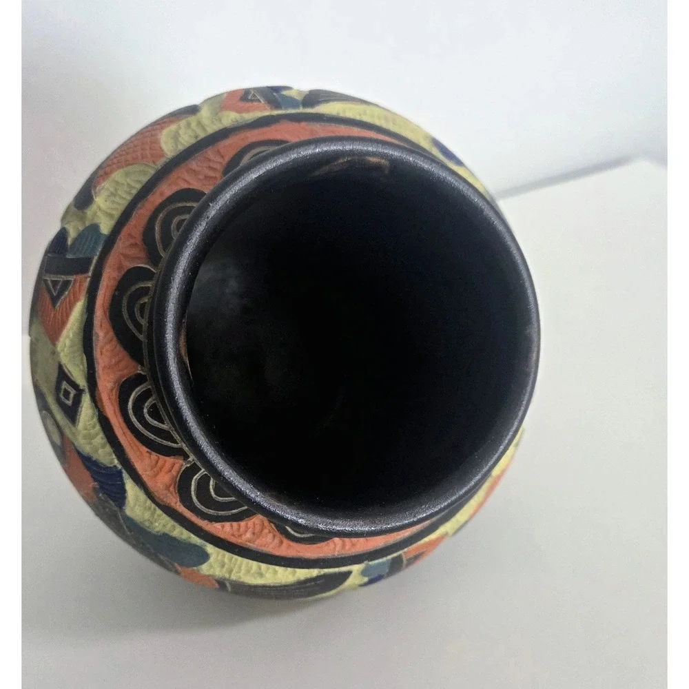 Vintage Okinawa‎ Japan Pottery Vase Hand Carved Double Sided RARE Multicolored